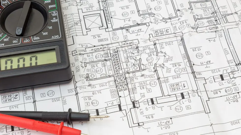 Blueprints with calculator and pen on a desk, showing architectural details.