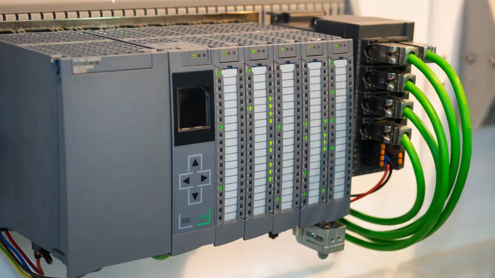 A PLC with multiple input/output modules connected and powered.