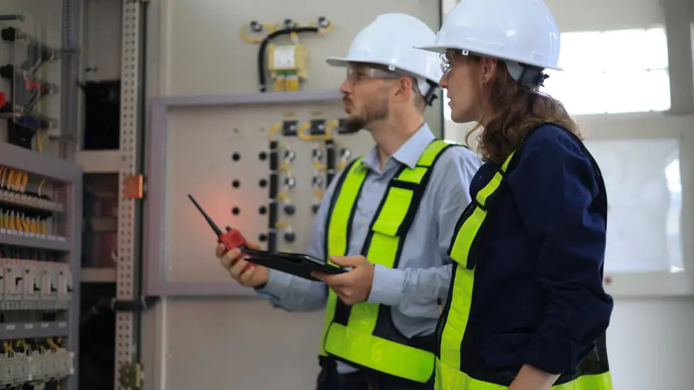 Engineers in safety gear using tablets at an industrial site.