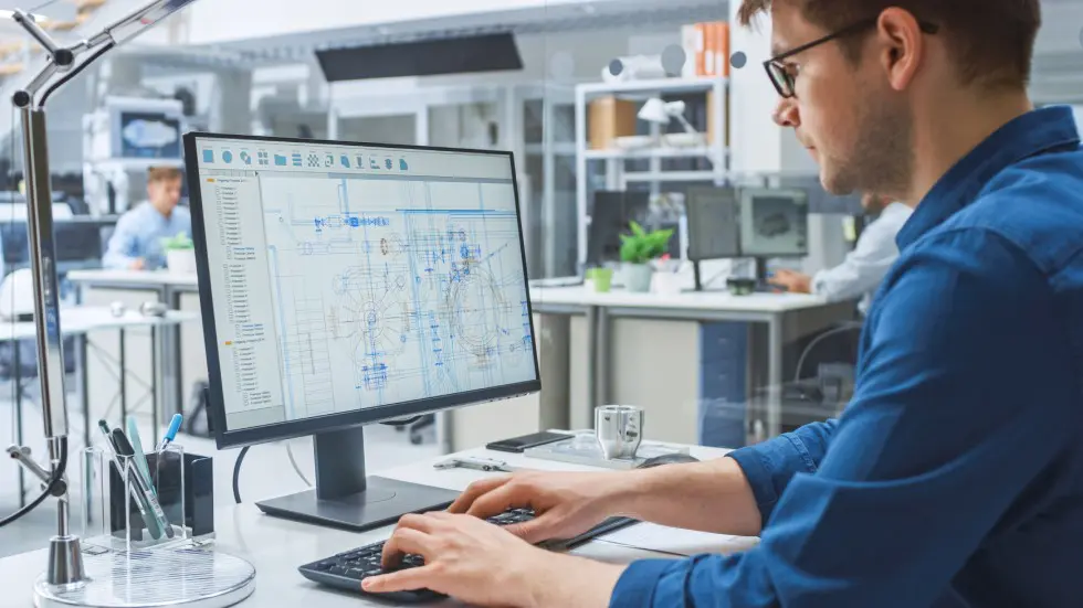 Person working on a desktop computer with technical drawings on screen.