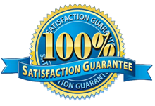 100% satisfaction guarantee badge with gold and blue design.