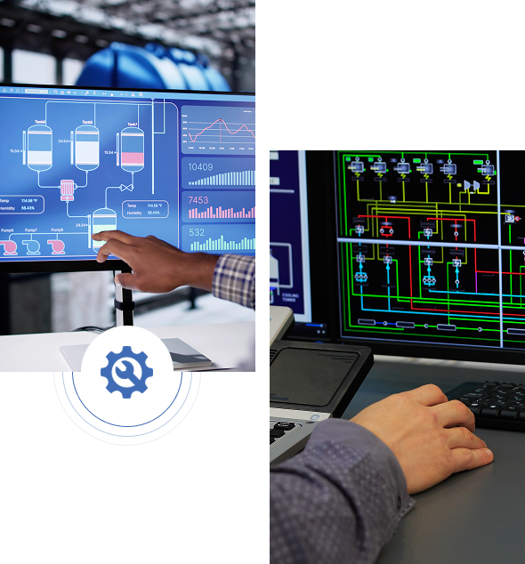 Two professionals working with advanced computer systems and digital interfaces.