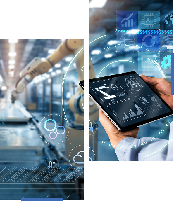 Robot and human hands interacting with digital technology and data interfaces.
