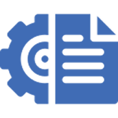 Blue icon showing a gear with a document symbol.