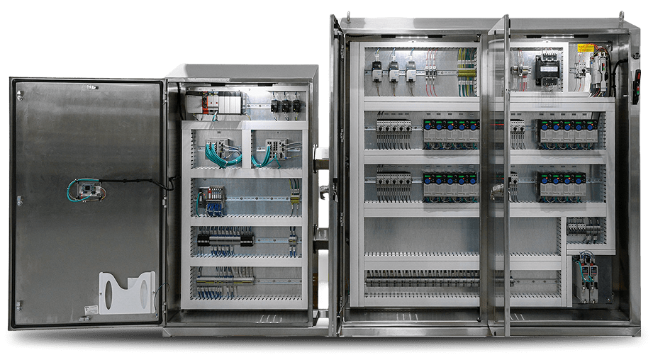 Electrical control panels with open metal doors.
